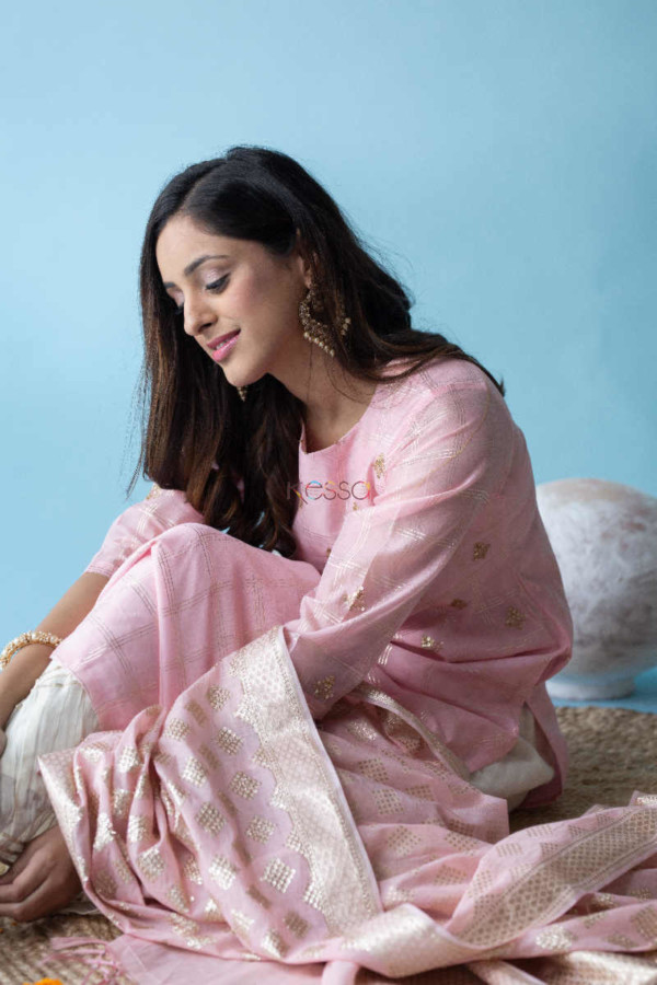 Image for Kessa Ws601 Blossom Pink Chanderi Strip Kurta Sitting 1