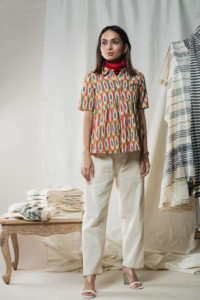 Image for Kessa Kc58 Multi Color Ikkat Top With Cream Pants Front