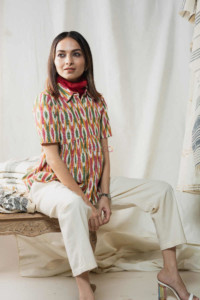 Image for Kessa Kc58 Multi Color Ikkat Top With Cream Pants Sitting 3