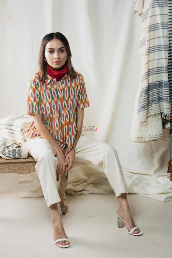 Image for Kessa Kc58 Multi Color Ikkat Top With Cream Pants Sitting