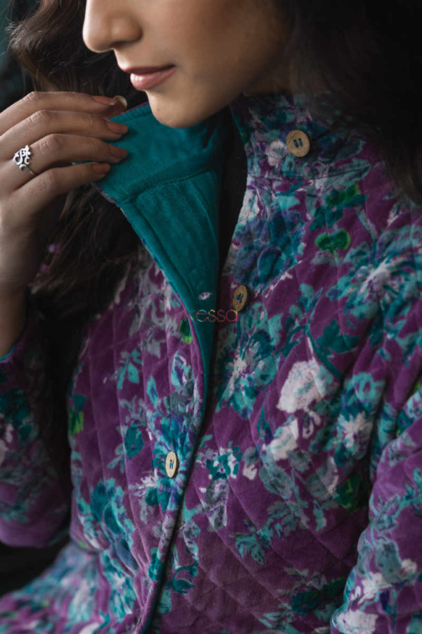 Image for Kessa Kj18 Tamrind Purple Velvet Quilted Jacket Closeup