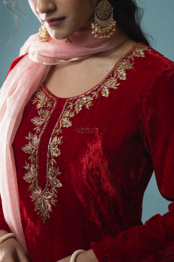 Image for Kessa Ve06 Milano Red Silk Velvet Kurta With Organza Dupattta Closeup