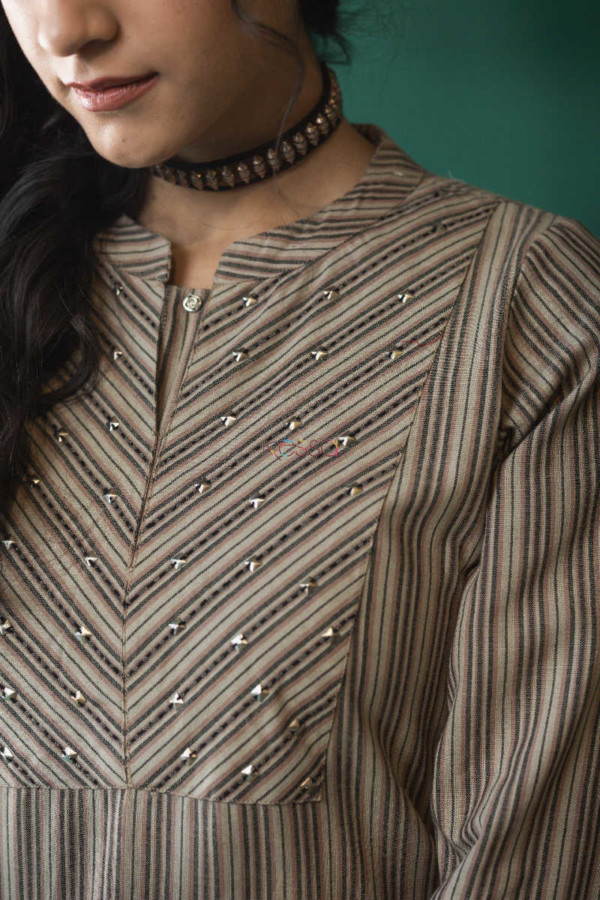 Image for Kessa Ws617 Dune Grey Stripe Straight Kurta Closeup