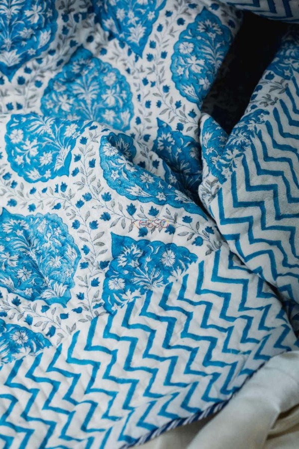 Image for Kessa Kaq91 Regal Blue Block Print Double Bed Quilt Closeup