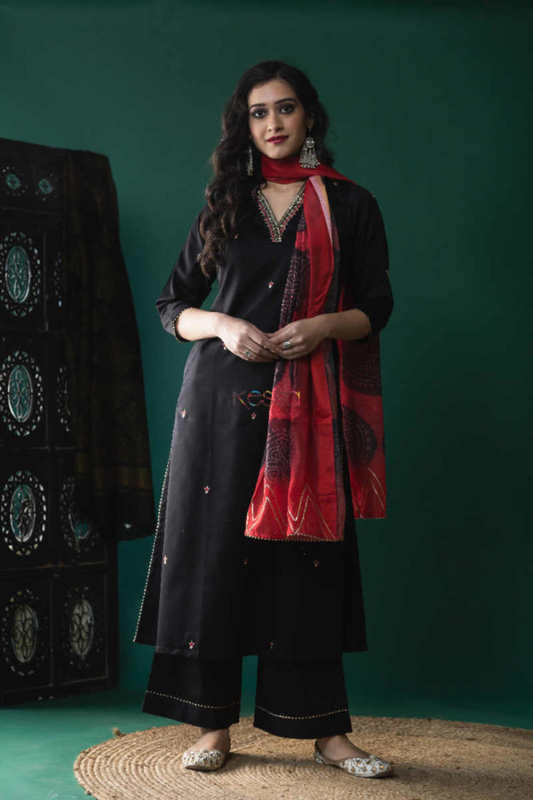 Image for Kessa Ws628 Black Bandhani Cotton Silk Kurta Complete Set 1 Featured
