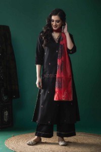 Image for Kessa Ws628 Black Bandhani Cotton Silk Kurta Complete Set 1 Front