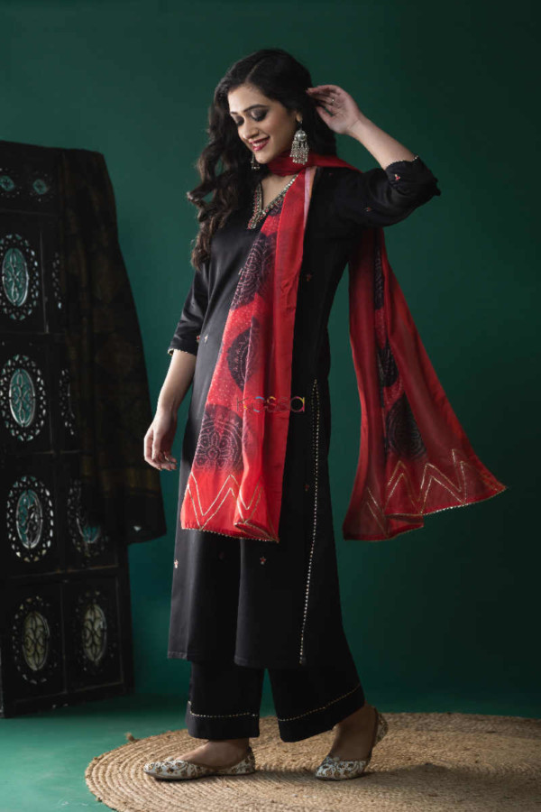 Image for Kessa Ws628 Black Bandhani Cotton Silk Kurta Complete Set 1 Side
