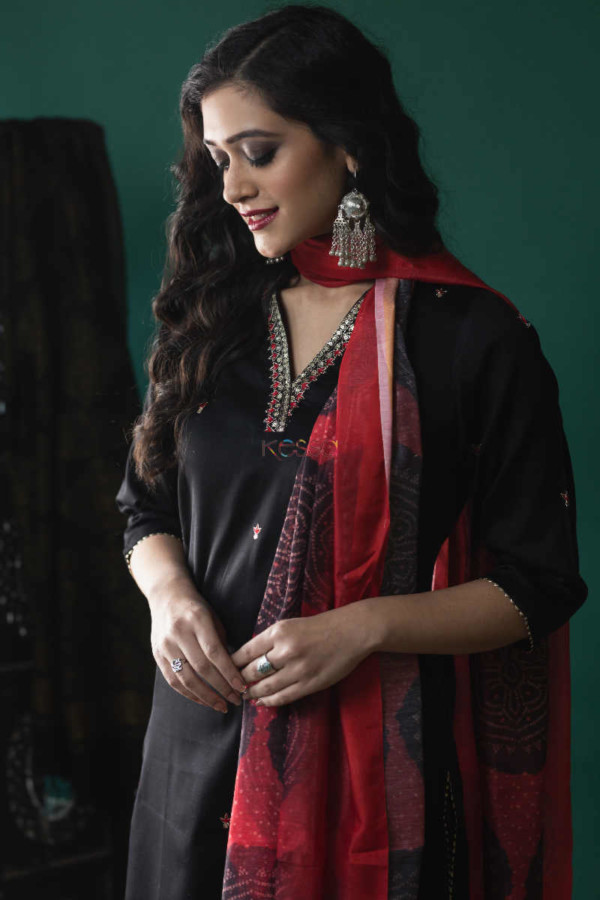 Image for Kessa Ws628 Black Bandhani Cotton Silk Kurta Complete Set 1 Top