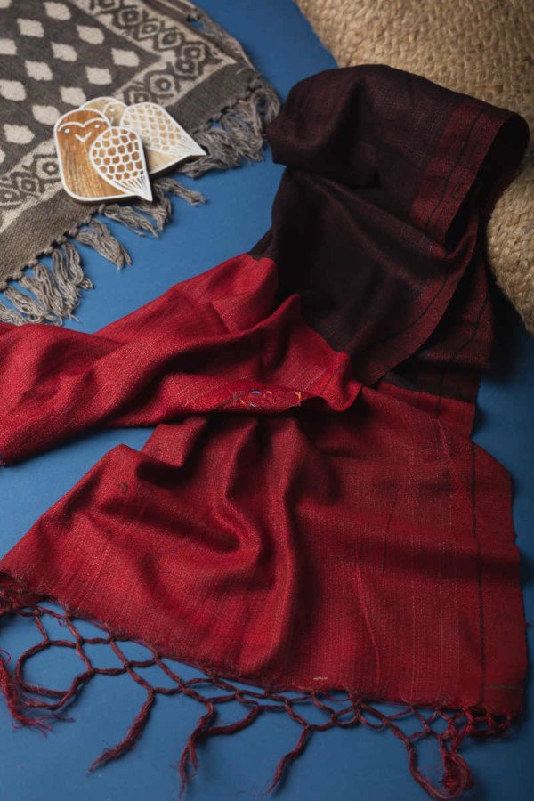 Image for Kudu91 Bhagalpuri Silk Woollen Mexican Red And Tamarind Stole Featured