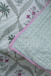 Image for Kessa Kaq100 Powder Ash Palm Tree Double Bed Quilt Closeup