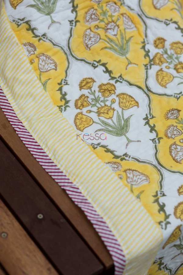 Image for Kessa Kaq31 Saffron Block Print Double Bed Quilt Closeup New 2