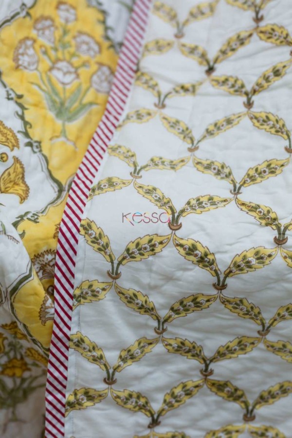 Image for Kessa Kaq31 Saffron Block Print Double Bed Quilt Closeup New