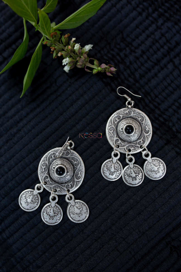 Image for Kessa Kpe144 Turkish Circular Tribal Boho Coin Earrings Black