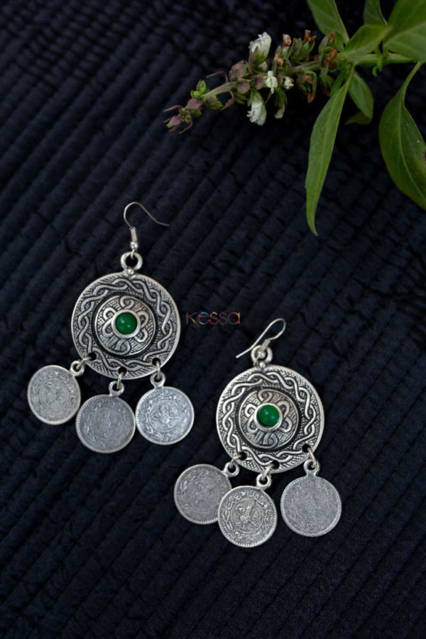 Image for Kessa Kpe144 Turkish Circular Tribal Boho Coin Earrings Green