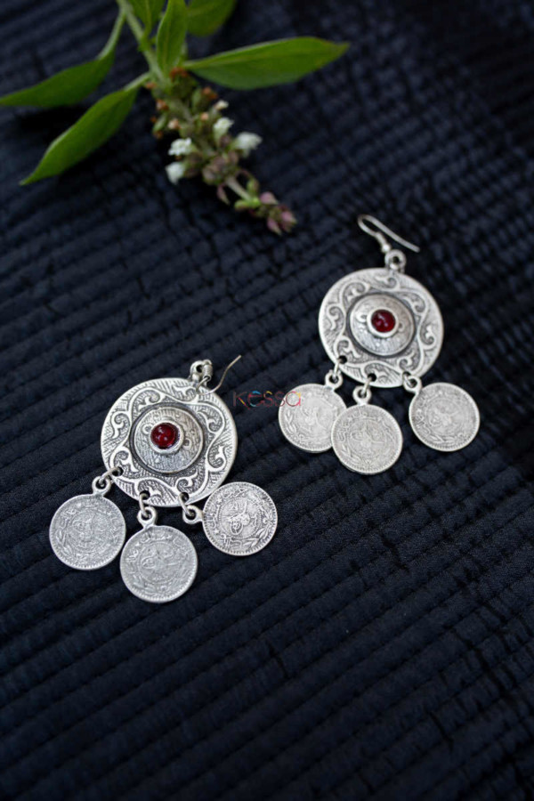 Image for Kessa Kpe144 Turkish Circular Tribal Boho Coin Earrings Red