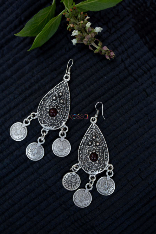 Image for Kessa Kpe151 Turkish Tribal Boho Coin Earrings Red
