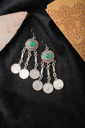 Image for Kessa Kpe33 Turkish Tribal Boho Oval Coin Earrings 1 Green