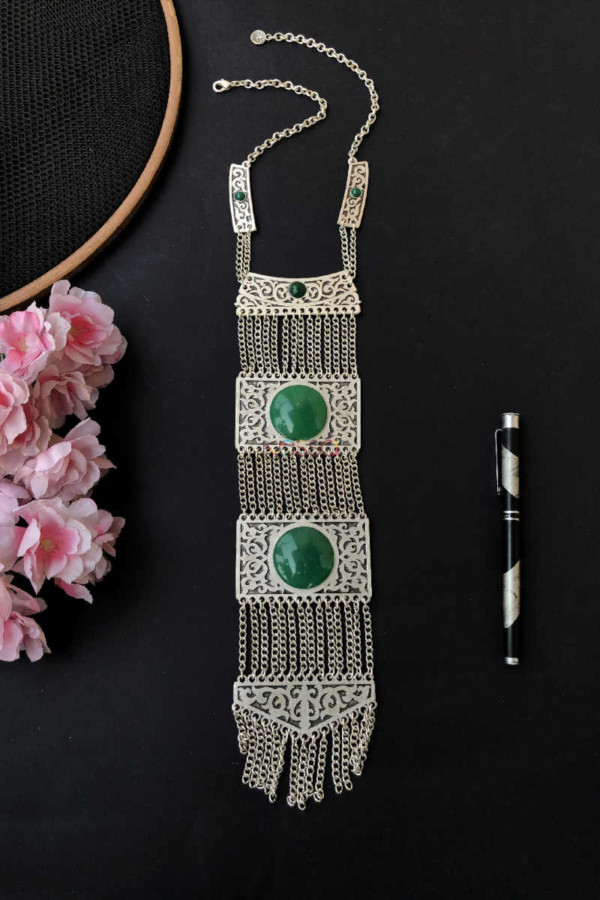 Image for Kessa Kpn102 Turkish Multi Bar Green Stone Tribal Chain Necklace