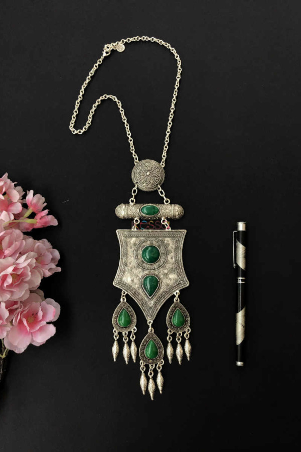 Image for Kessa Kpn105 Turkish Circular Multi Green Stone Tribal Chain Necklace