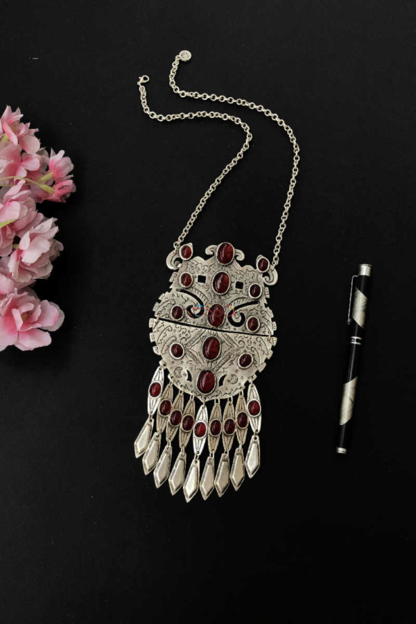 Image for Kessa Kpn11 Turkish Pendant With Red Stone Tribal Boho Necklace