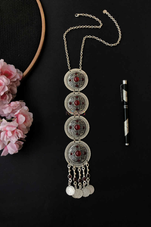 Image for Kessa Kpn112 Turkish Circular Red Multi Stone Tribal Chain Necklace