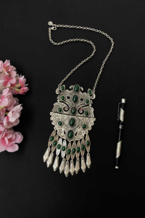 Image for Kessa Kpn12 Turkish Pendant With Green Stone Tribal Boho Necklace