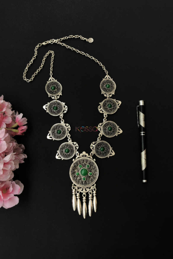 Image for Kessa Kpn20 Turkish Green Multi Stone Circular Tribal Boho Necklace