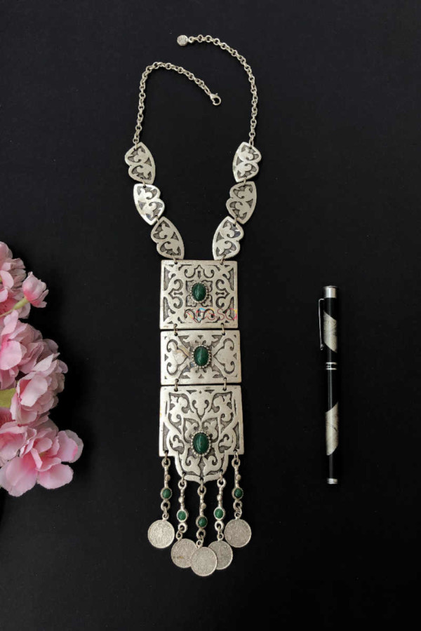Image for Kessa Kpn33 Turkish Rectangle Green Stone Paisely Necklace