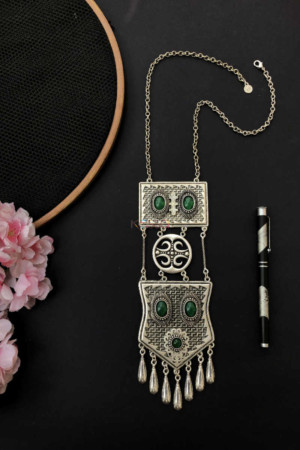 Image for Kessa Kpn44 Turkish Rectangle Green Multi Stone Chain Necklace