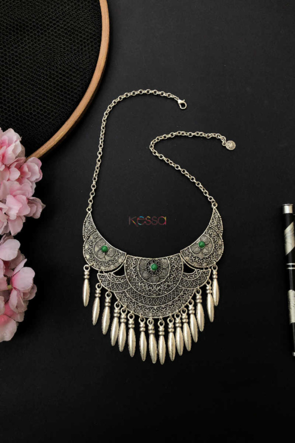 Image for Kessa Kpn46 Turkish Semi Circular Green Multi Stone Chain Necklace