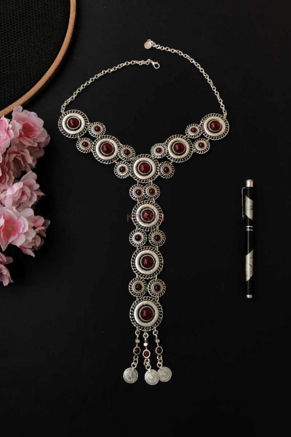 Image for Kessa Kpn57 Turkish Circular Multi Red Stone Chain Necklace