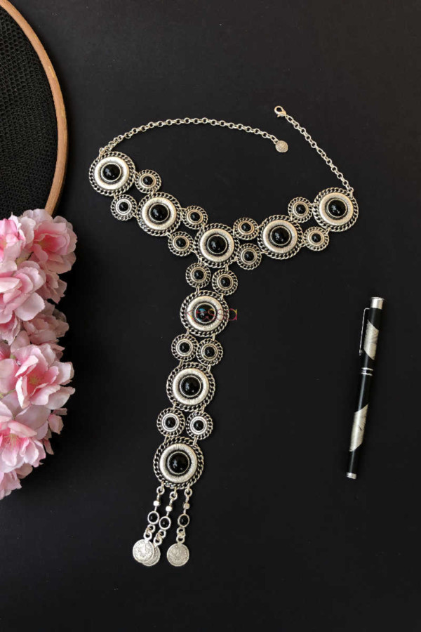 Image for Kessa Kpn59 Turkish Circular Multi Black Stone Chain Necklace