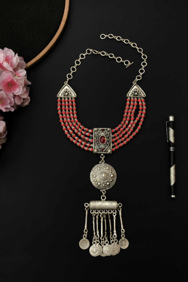 Image for Kessa Kpn64 Turkish Circular Pendant Multi Red Stone Necklace