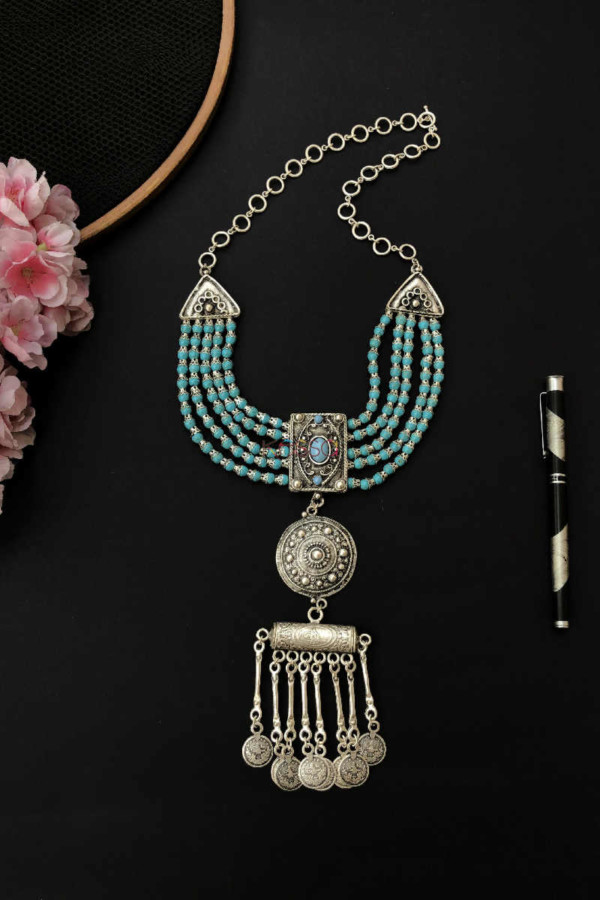 Image for Kessa Kpn65 Turkish Circular Pendant Multi Blue Stone Necklace