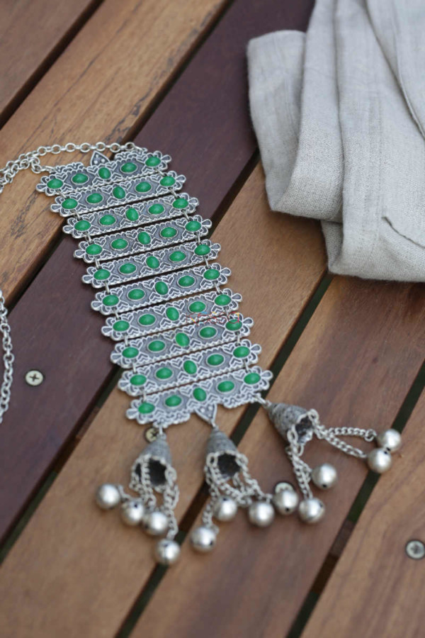 Image for Kessa Kpn83 Turkish Bar Multi Green Stone Ghungroo Necklace