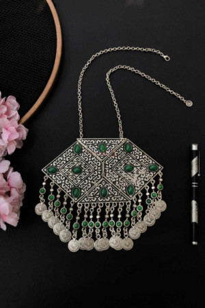 Image for Kessa Kpn85 Turkish Rectangle Multi Green Stone Necklace