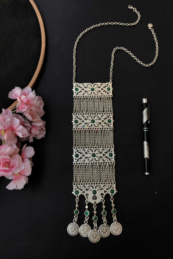 Image for Kessa Kpn95 Turkish Rectangle Green Stone Chain Necklace