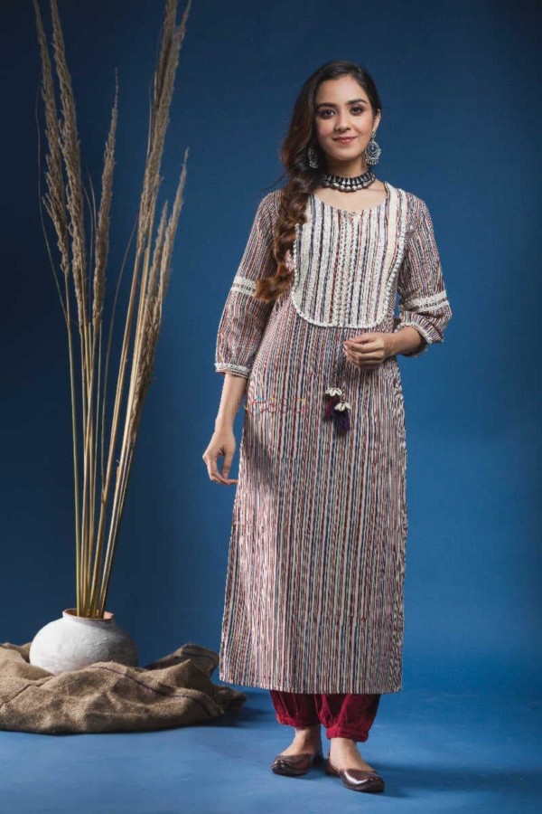 Image for Kessa Wsr164 Dariya Block Printed Striped Kurta With Lace Yoke And Tassels Featured