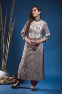 Image for Kessa Wsr164 Dariya Block Printed Striped Kurta With Lace Yoke And Tassels Front