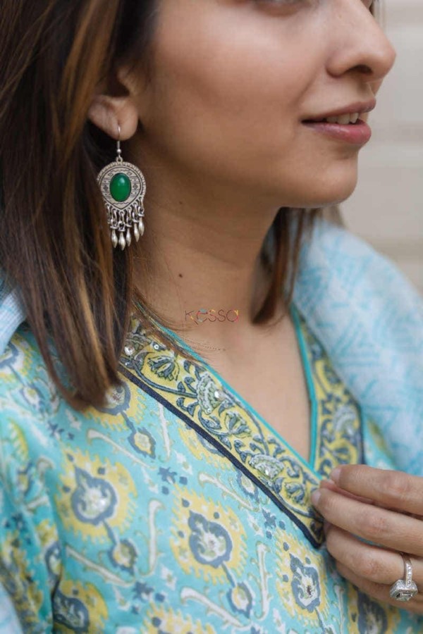 Image for Kessa Vcr21 Pankh Hand Block Printed Cotton Kurta With Dupatta Set Earring