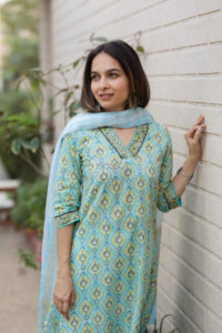Image for Kessa Vcr21 Pankh Hand Block Printed Cotton Kurta With Dupatta Set Top