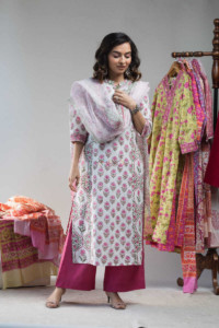 Image for Kessa Vcr23 Cranberry Pink Hand Block Printed Cotton Kurta With Dupatta Set Featured