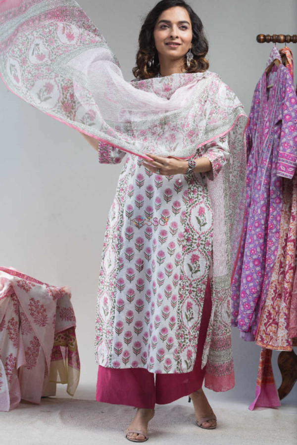 Image for Kessa Vcr23 Cranberry Pink Hand Block Printed Cotton Kurta With Dupatta Set Front 1
