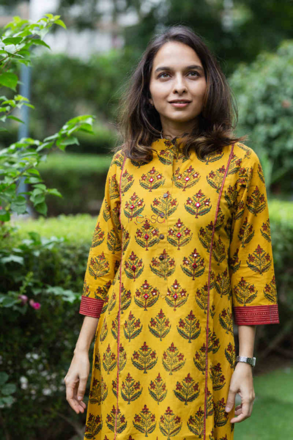 Image for Kessa Wa332a Dhoop Yellow Ajrakh Printed Kurta With Mirror Work 2 Top 1