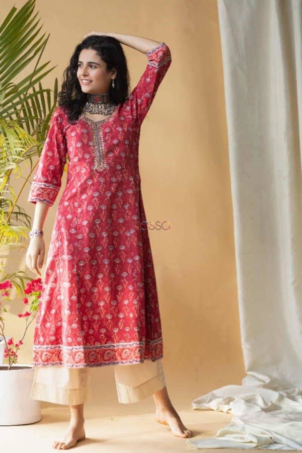 Image for Kessa Ws645 Mexican Red A Line Block Print Kurta Front