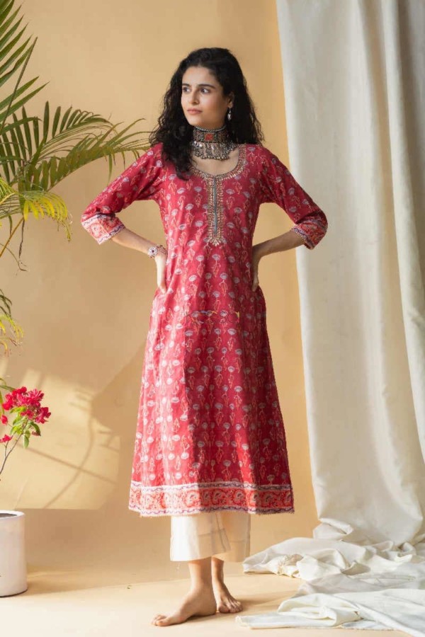 Image for Kessa Ws645 Mexican Red A Line Block Print Kurta Look