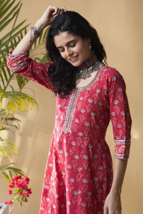 Image for Kessa Ws645 Mexican Red A Line Block Print Kurta Side