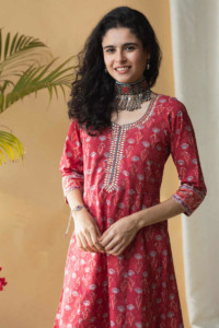 Image for Kessa Ws645 Mexican Red A Line Block Print Kurta Top