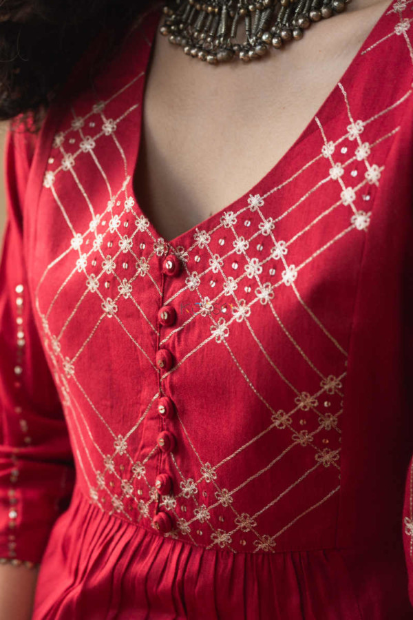 Image for Kessa Ws646 Milano Red A Line Cotton Silk Kurta Closeup