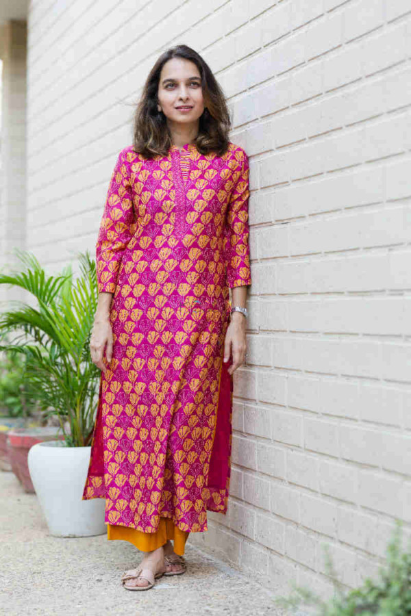 Image for Kessa Wsr167 Titli Magenta And Yellow Chanderi Kurta With Sequin Highlights 1 Front